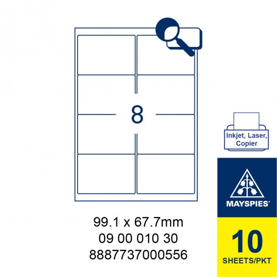 MAYSPIES 09 00 010 30 LABEL FOR INKJET / LASER / COPIER 10 SHEETS/PKT WHITE 99.1 X 67.7MM